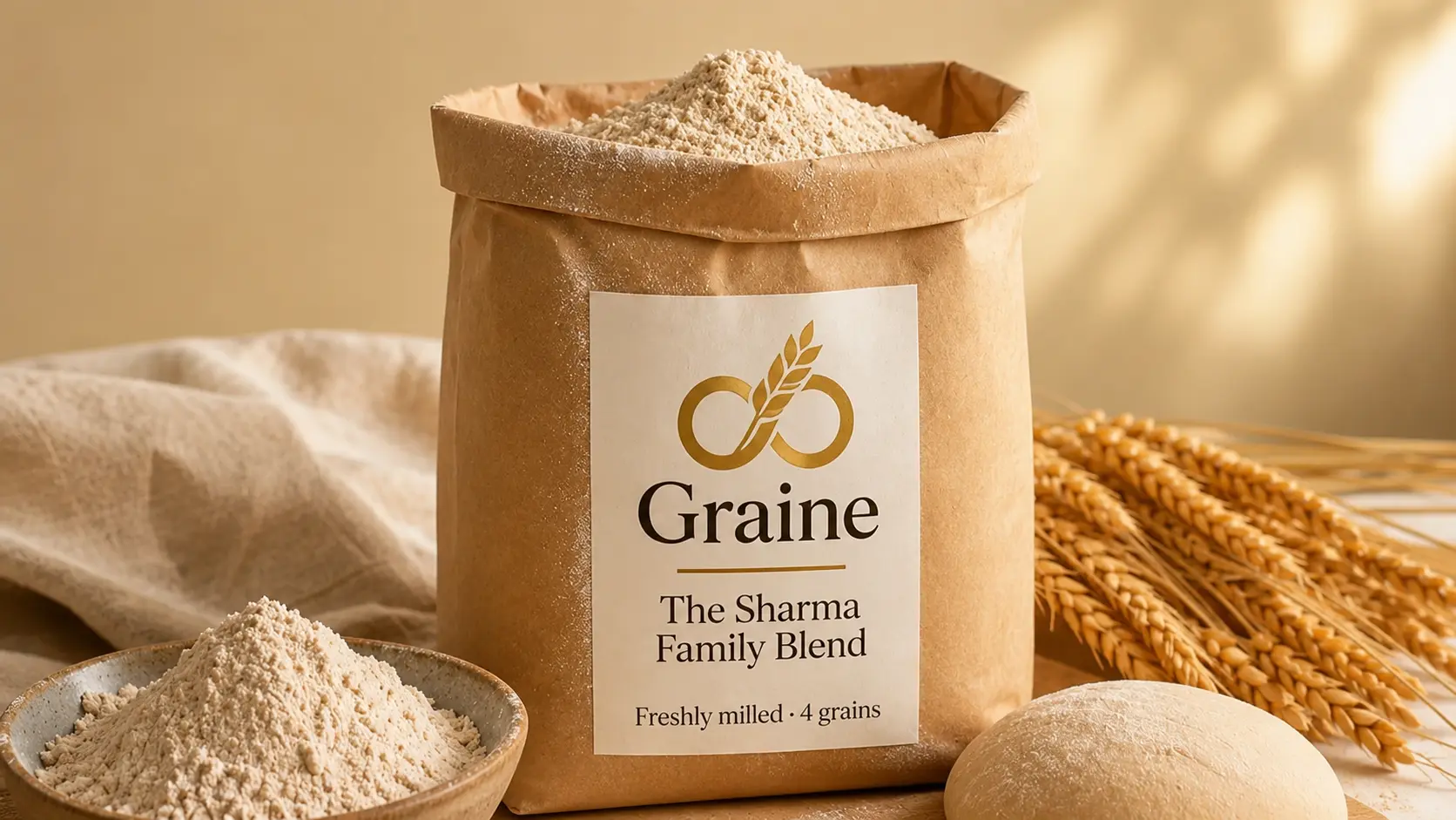 Graine kraft bag — the Sharma Family Blend, freshly milled — with a bowl of flour, dough, wheat and grain