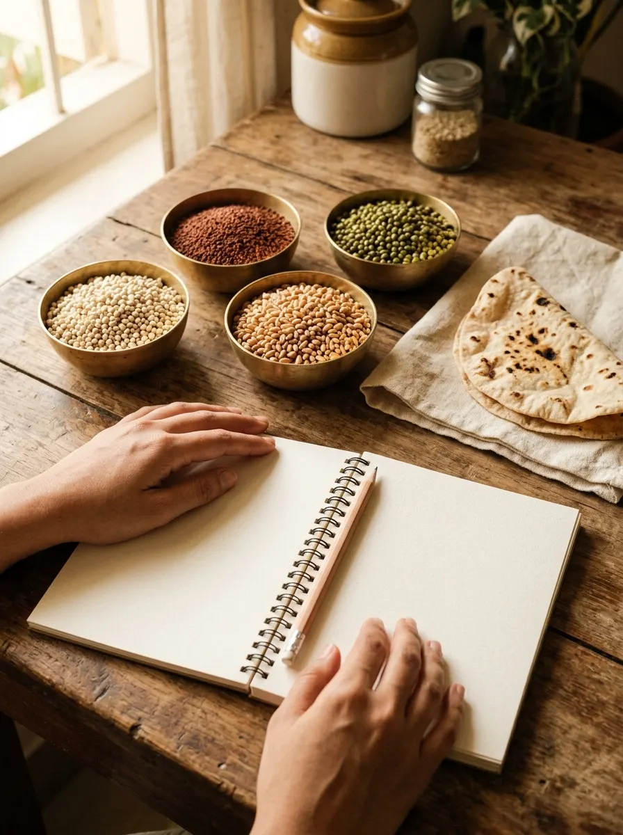 Hands on an open notebook beside small bowls of jowar, ragi, wheat and moong, with a soft roti