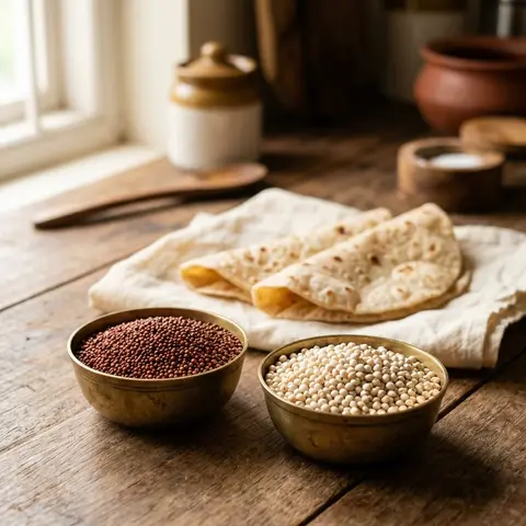 Soft rotis beside small bowls of ragi and jowar
