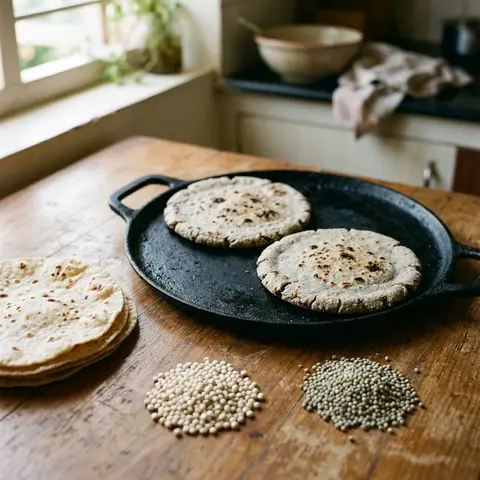 Jowar and bajra rotis on a tawa beside heaps of the grains