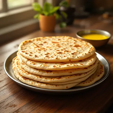 A stack of soft phulkas on a steel plate
