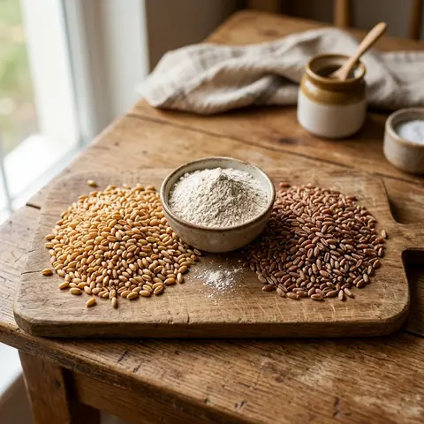 Sharbati and Khapli wheat grains beside fresh atta