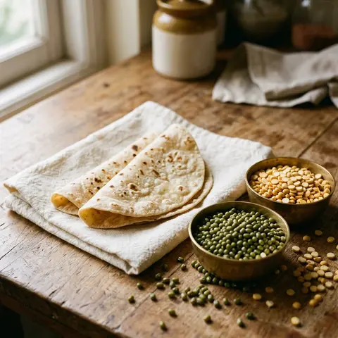 Soft rotis beside small bowls of whole moong and chana dal