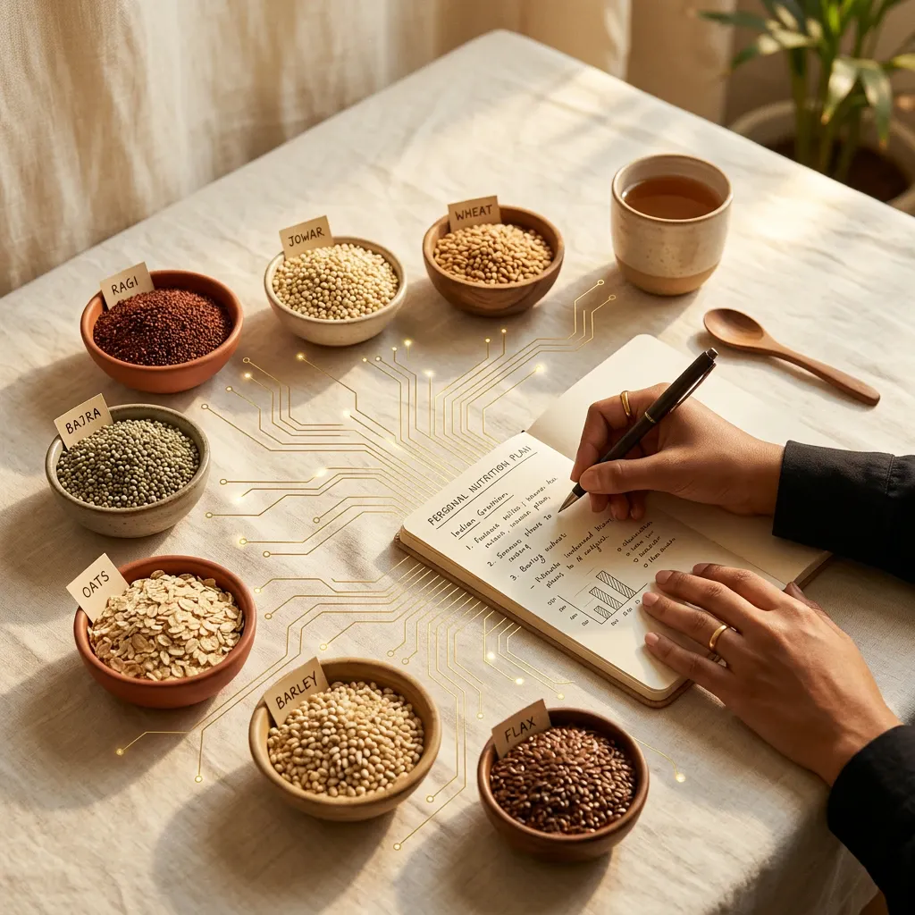 Labelled bowls of grains linked to a handwritten nutrition plan — Graine's blend-design method