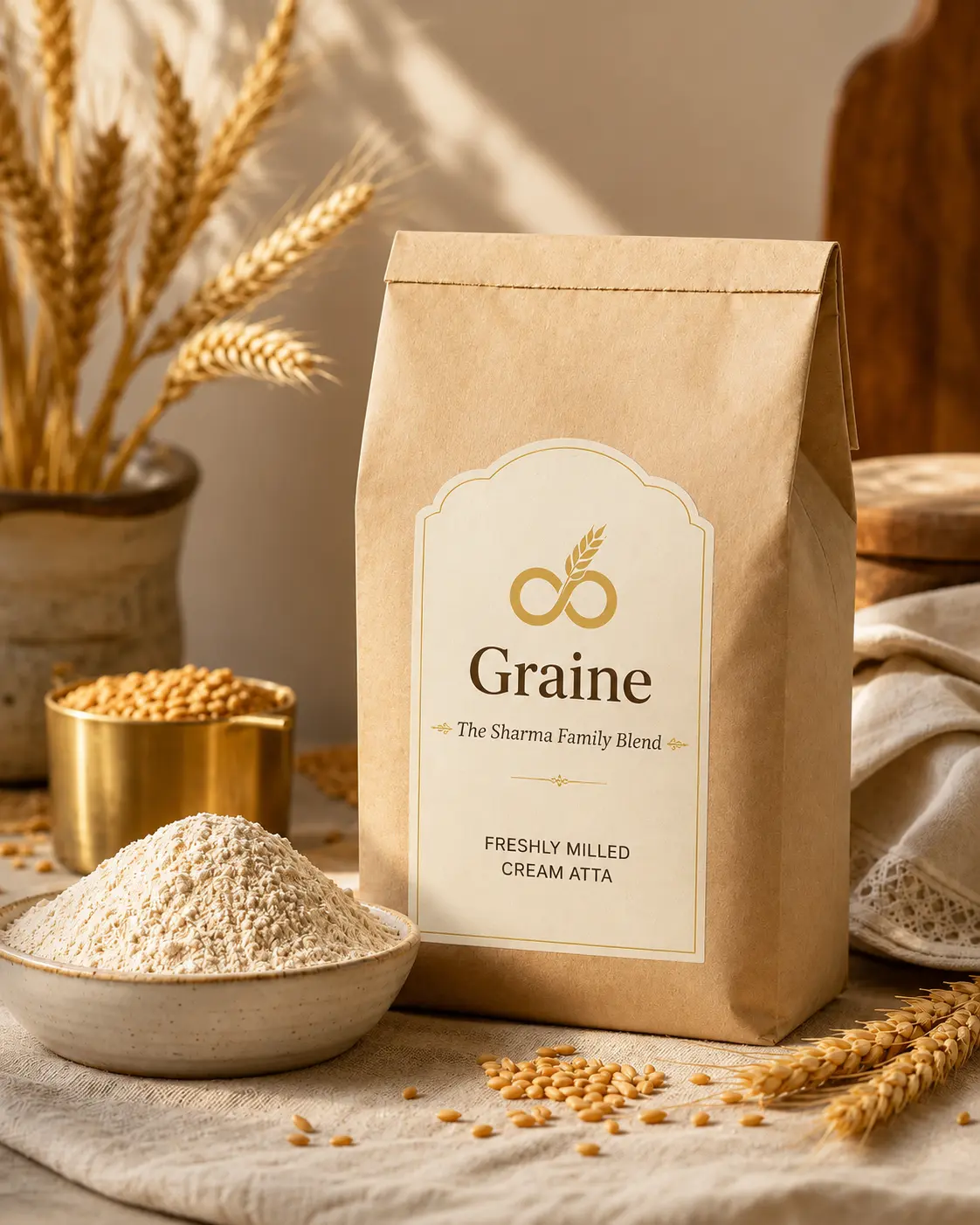 A range of grains, millets and pulses in wooden scoops