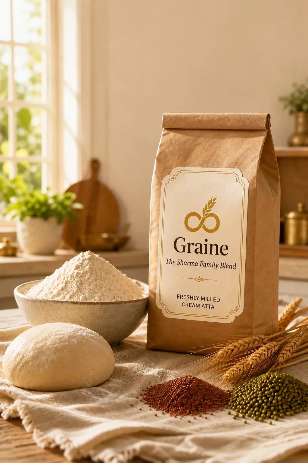 A Graine kraft bag with freshly milled flour, dough and wheat