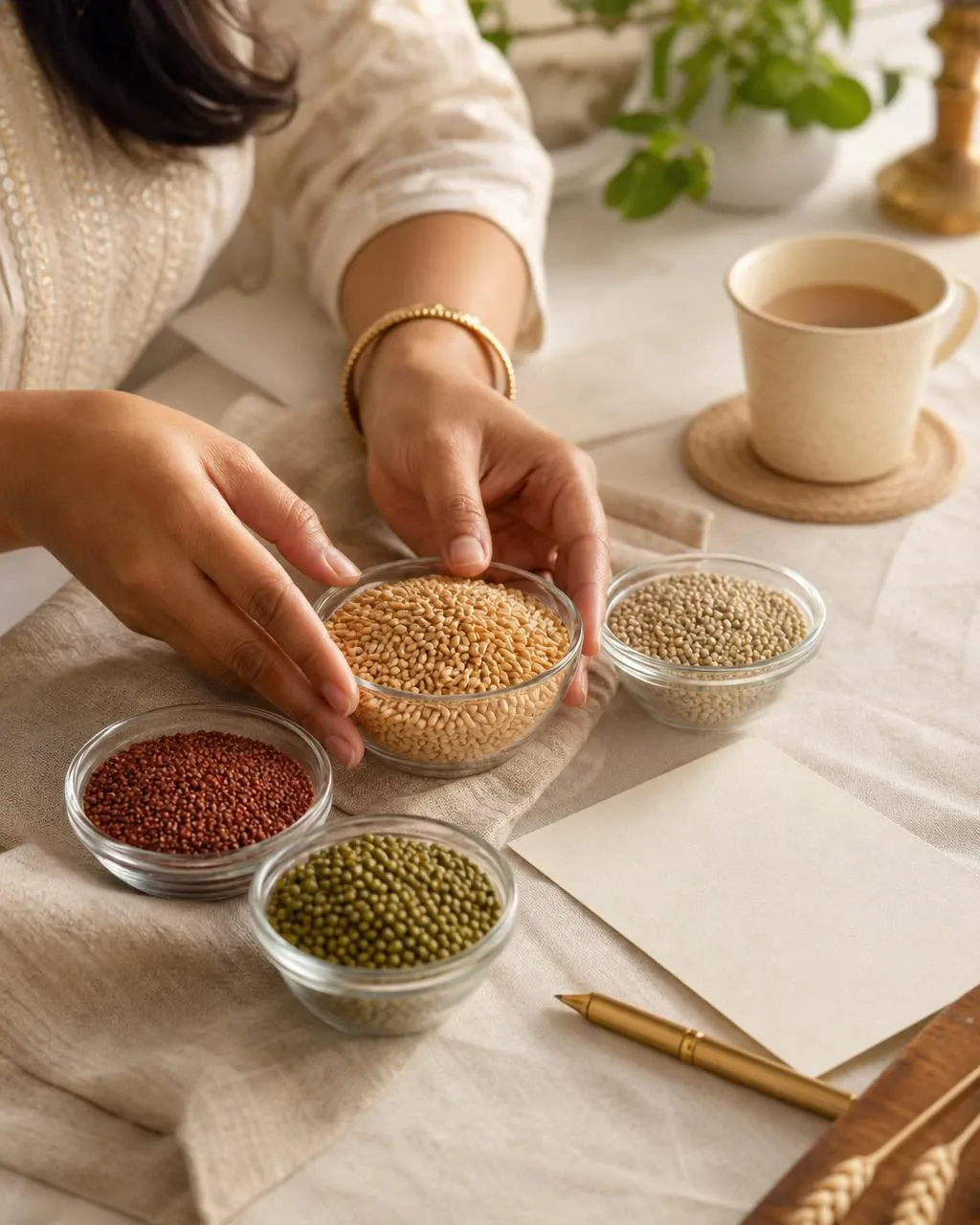 Grains being measured and selected
