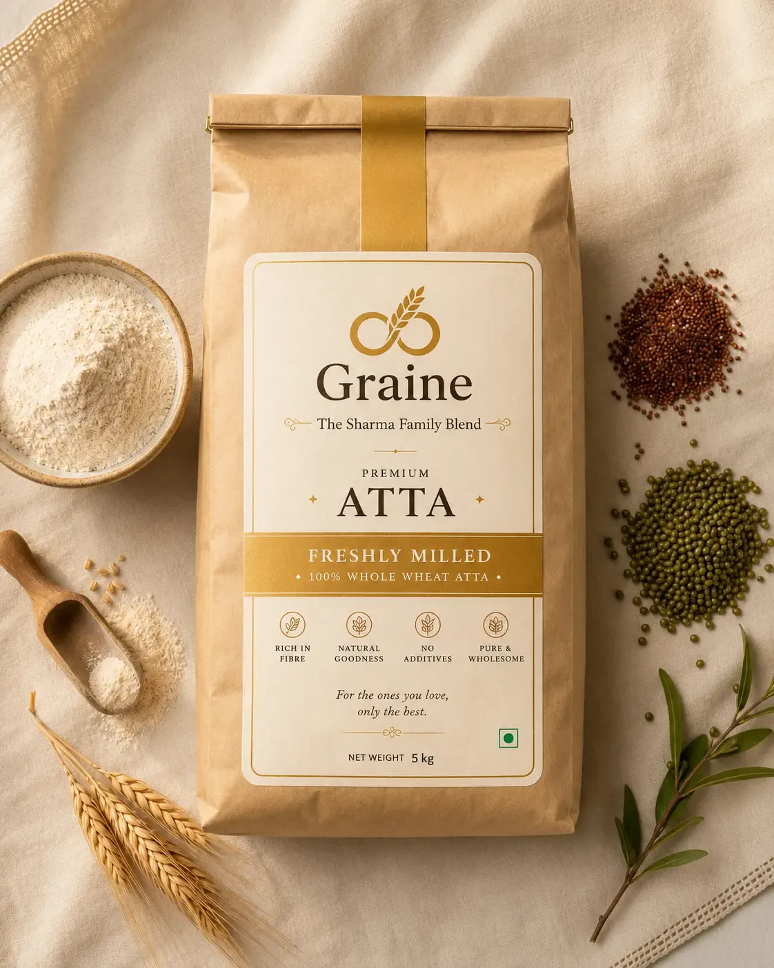 A sealed Graine kraft pack with freshly milled flour and wheat